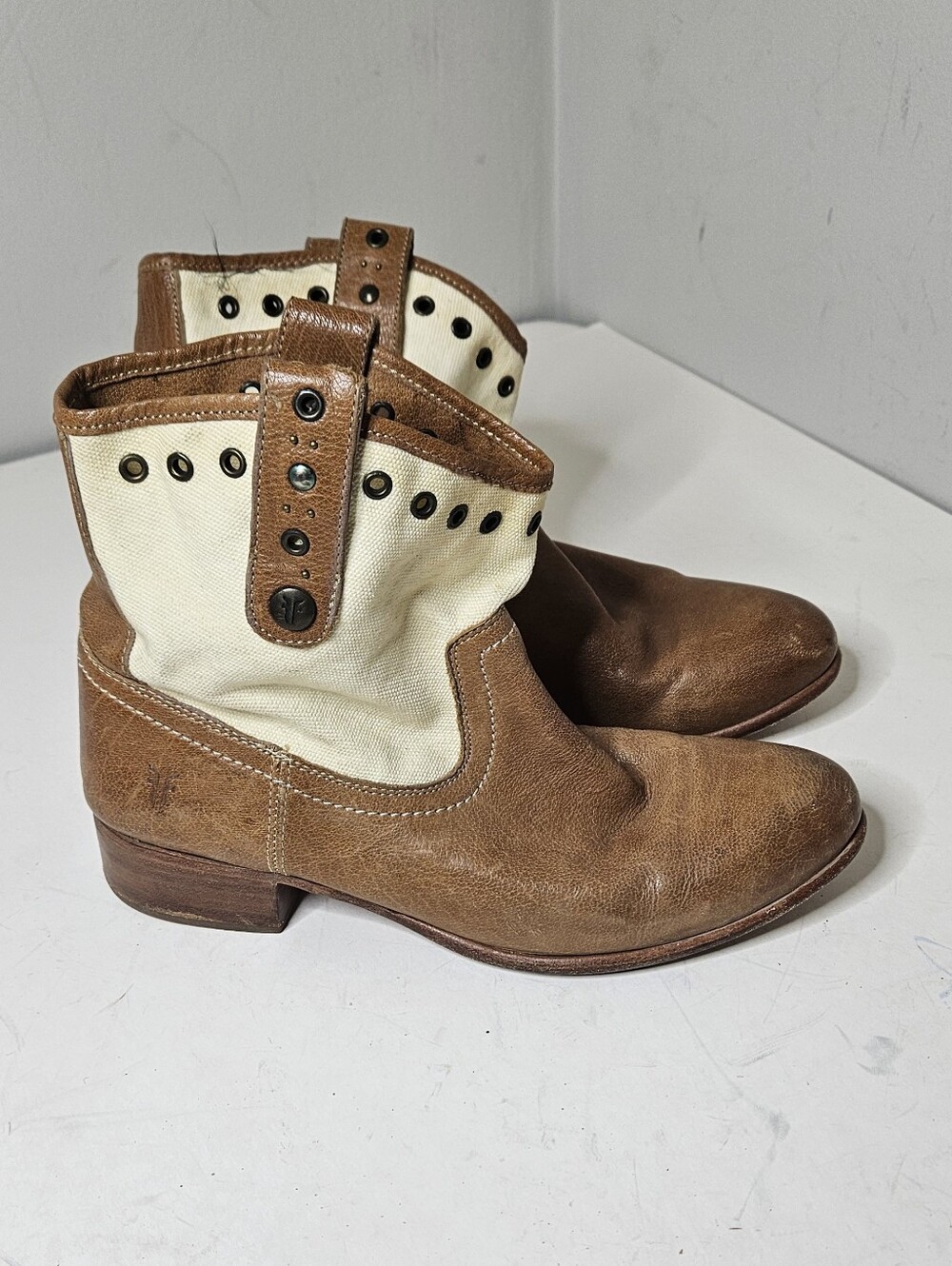 Frye Amelia Grommet Leather Canvas Boots Brown Cream Stacked Heel Women's 8